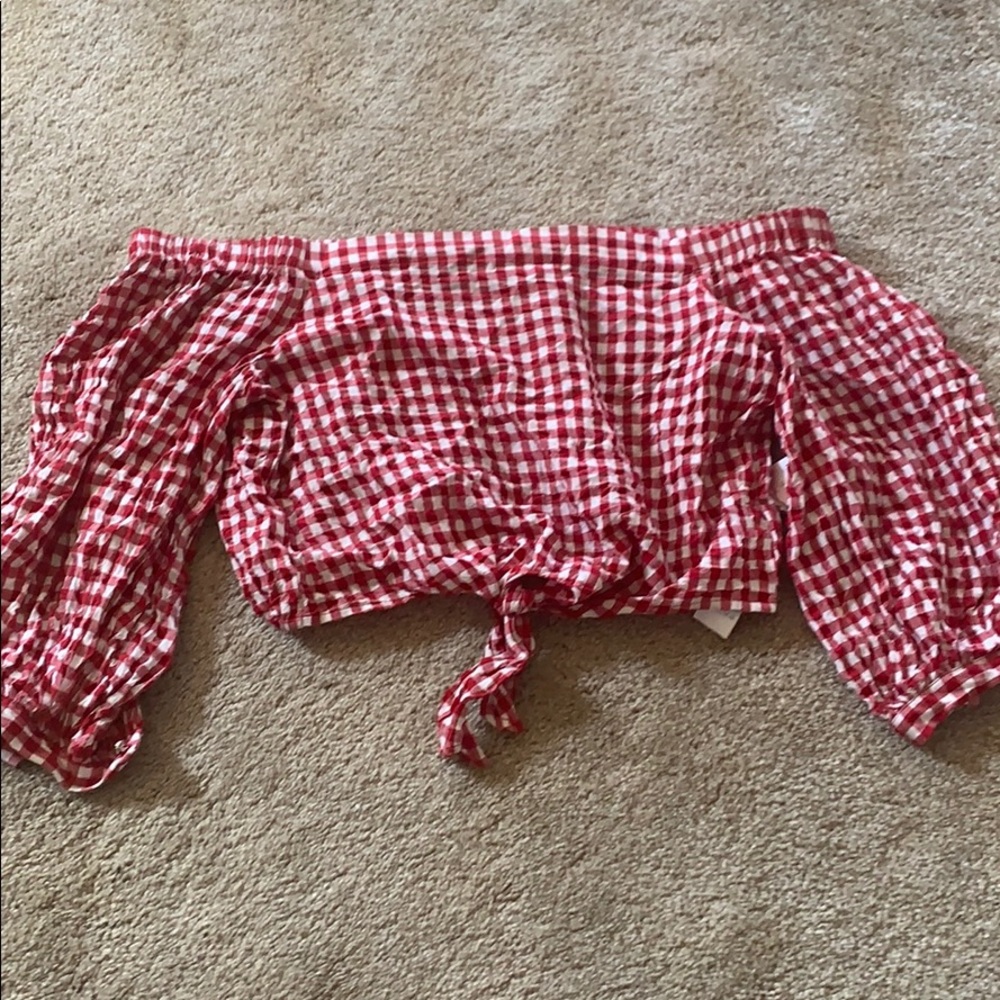 F21 red gingham off the shoulder crop top Size L